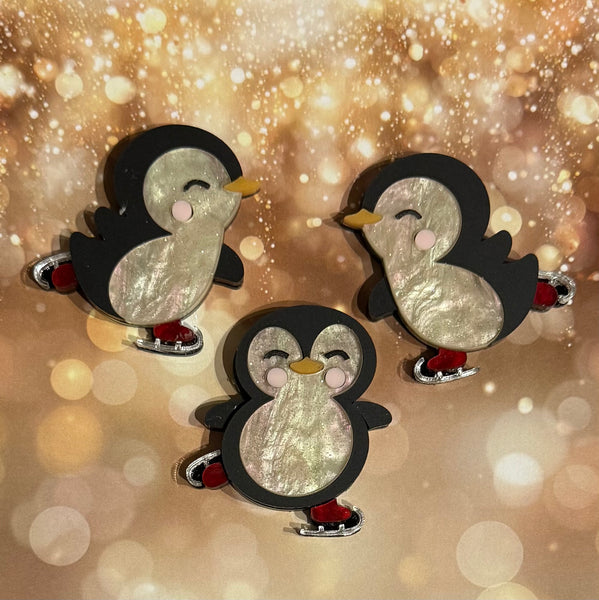 Ice skating penguins - set of 3 mini brooches