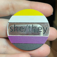 Non-binary Pride pronoun pin